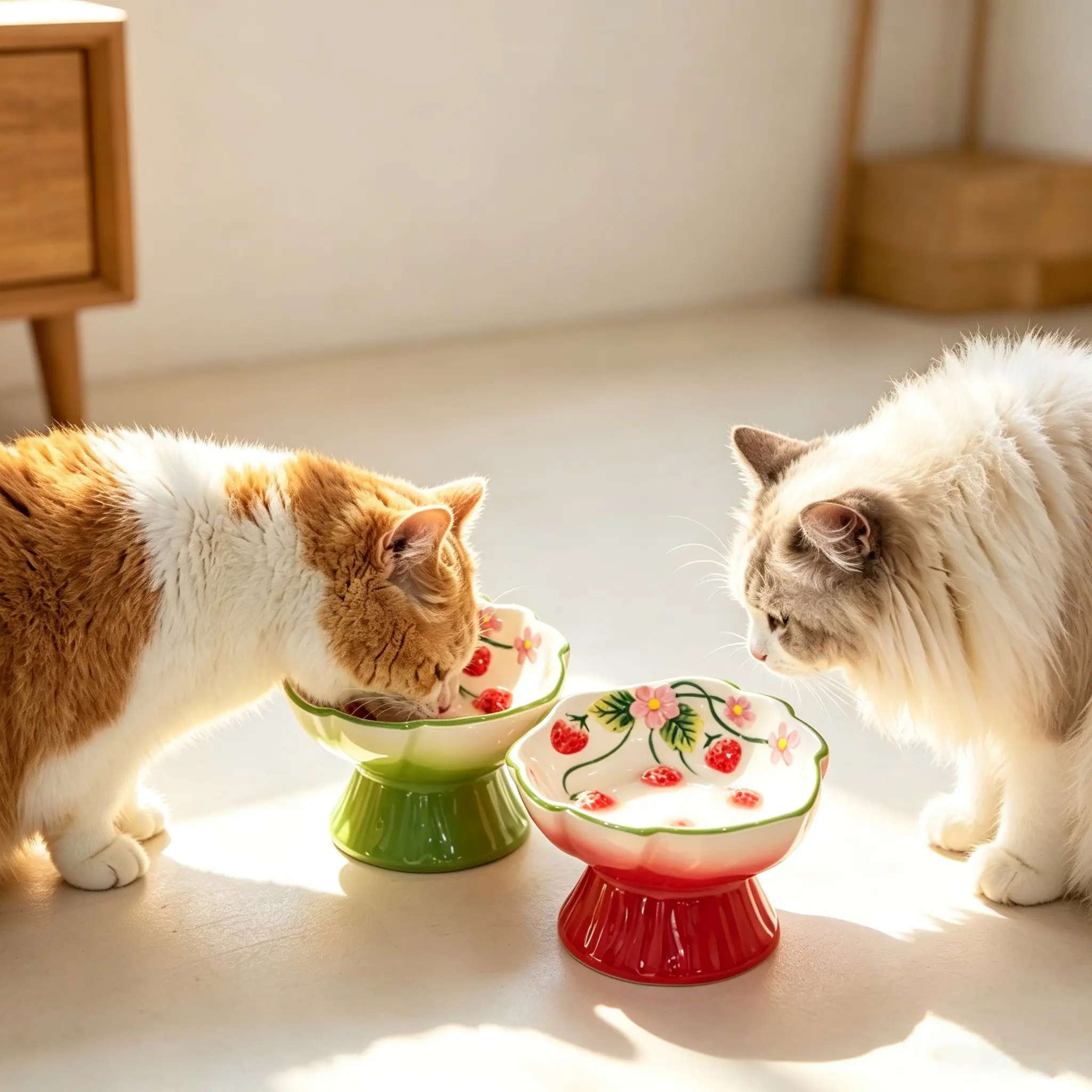 Ceramic Slow Feeder Cat Bowl, Elevated Pet Food Bowl for Cats and Small Dogs, Non-Slip Base, Strawberry Design, Suitable for Dry and Wet Food