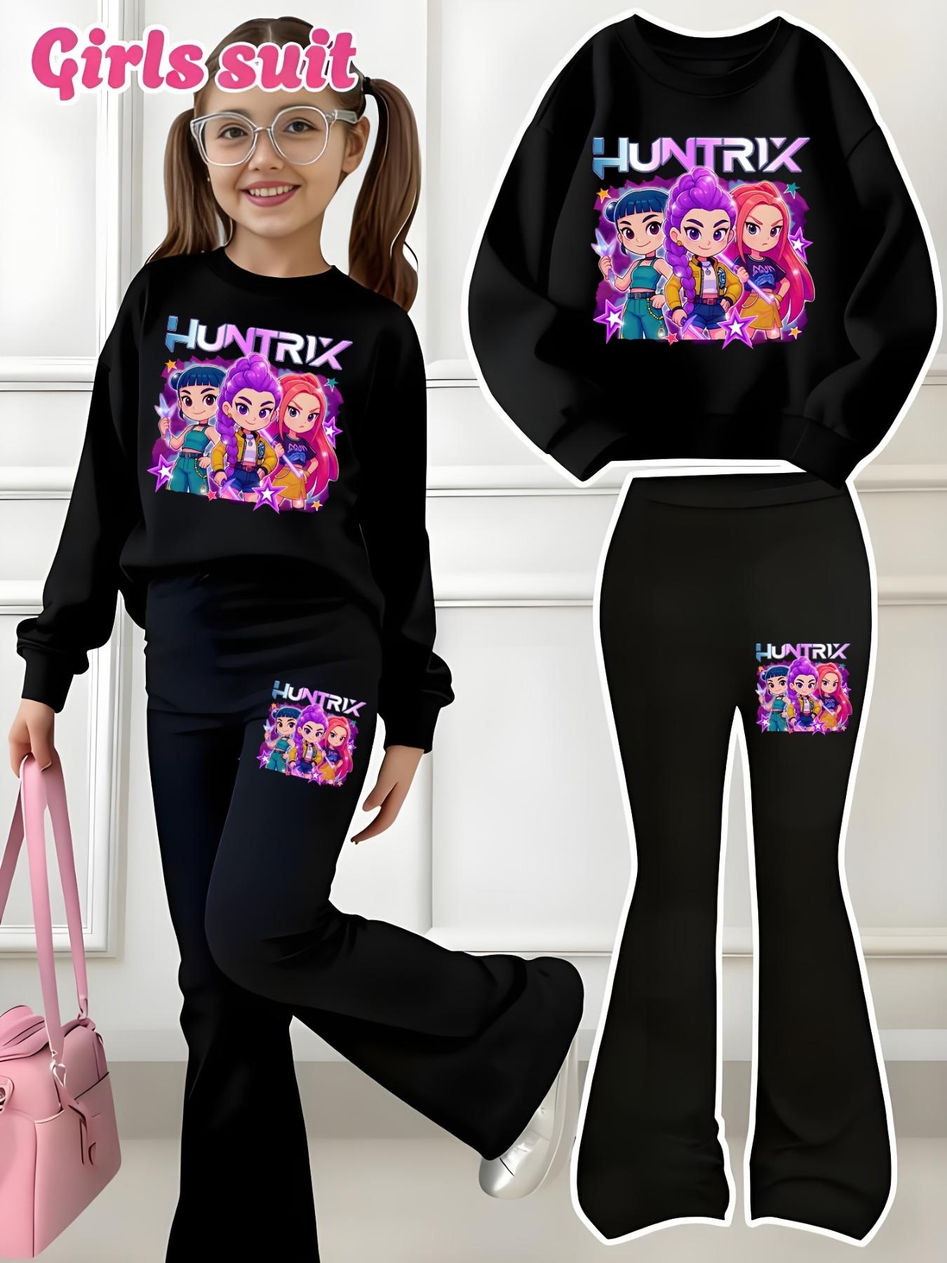 Halloween Christmas Kp Cool Girl Pattern Print 2-Piece Set, Power Girl Outfit, Girls' Casual Sportswear, Comfortable Elastic Waist Pants, Spring Fall Winter