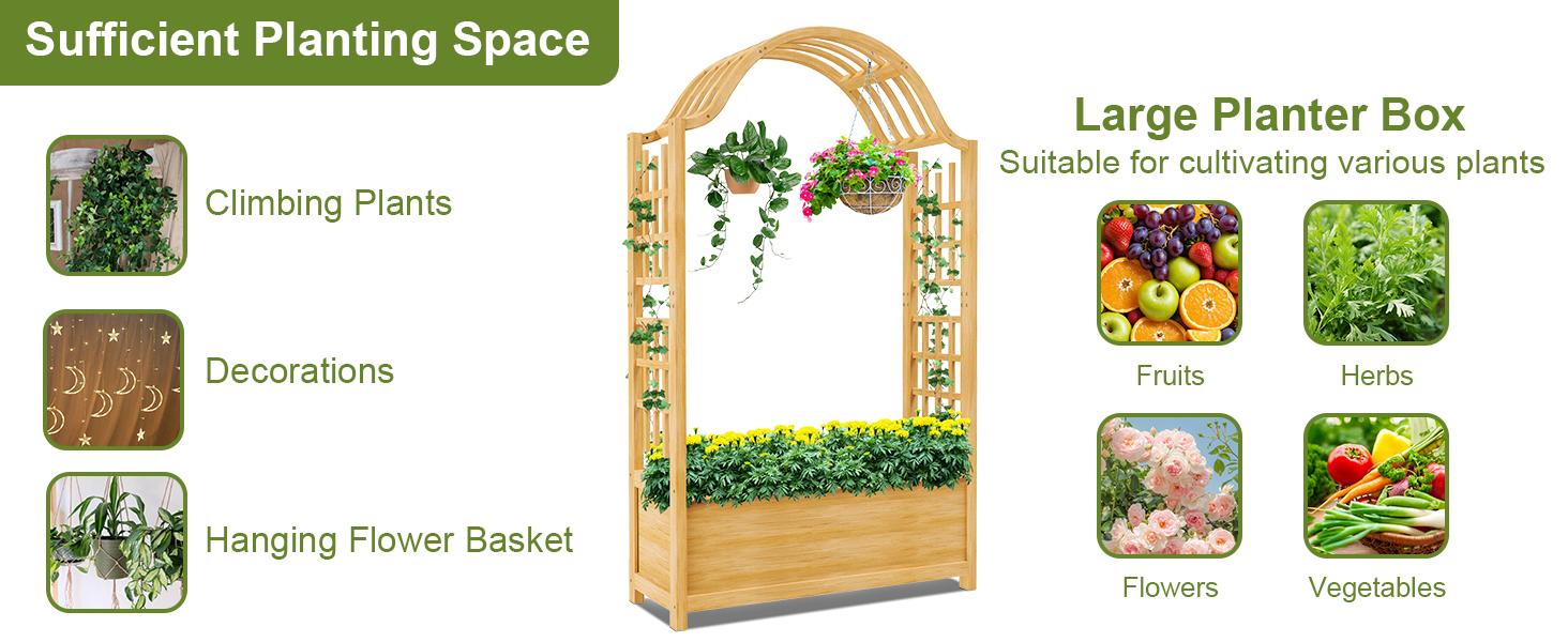 Lilypelle 63" Raised Garden Bed, Wooden Planter Box w/Hanging Roof & Drainage Holes, Indoor Outdoor Elevated Planter for Vine, Climbing Plants, Flower