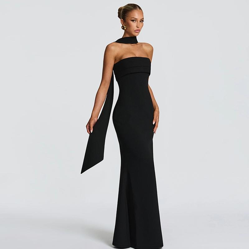 Women‘s Black Tie-neck Dress, Solid Ruched Sleeveless Strapless Backless Tube Dress & Halter Neck Scarf Ribbon Two-piece Set, Plain Back Zipper Maxi Long Dresses, Sexy Cocktail Party Club Date Evening Gown Wedding Guest Mermaid Dress Outfit For Ladies