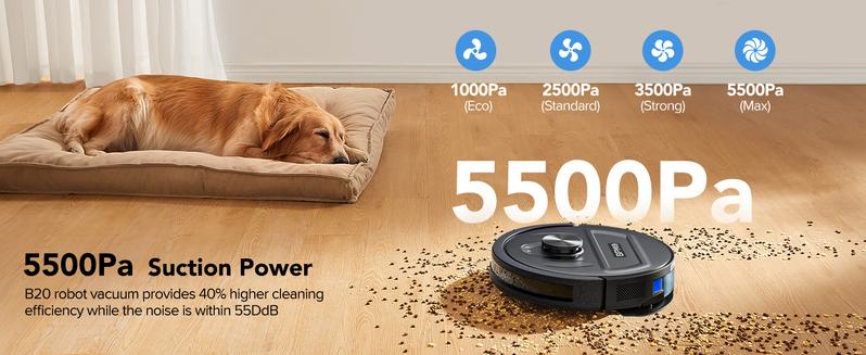 BPMIO B20 2-in-1 Robot Vacuum & Mop Combo 5500Pa Suction LiDAR Navigation 120-Min Runtime Alexa WiFi App Compatible for Pet Hair Hard Floors