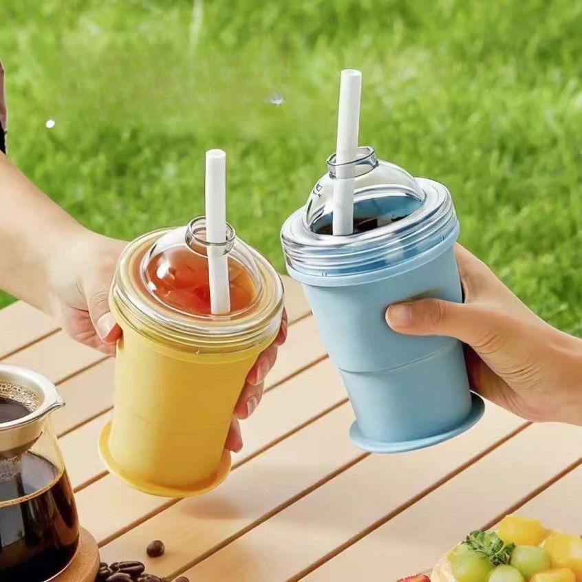 Food-grade silicone folding ice ball cup - dual-purpose ice water drinking cup. Two-in-one functional summer portable water cup with a straw.