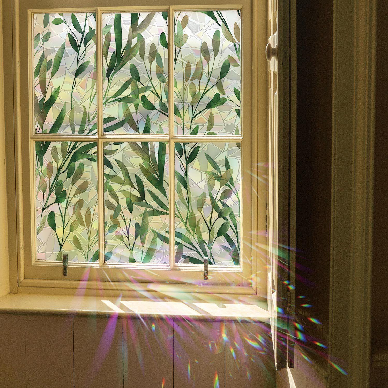 Leaf Laser Window Sticker, Spring Summer Fresh Style Decorative Static Window Sticker, Glue-Free Electrostatic Glass Decoration Film