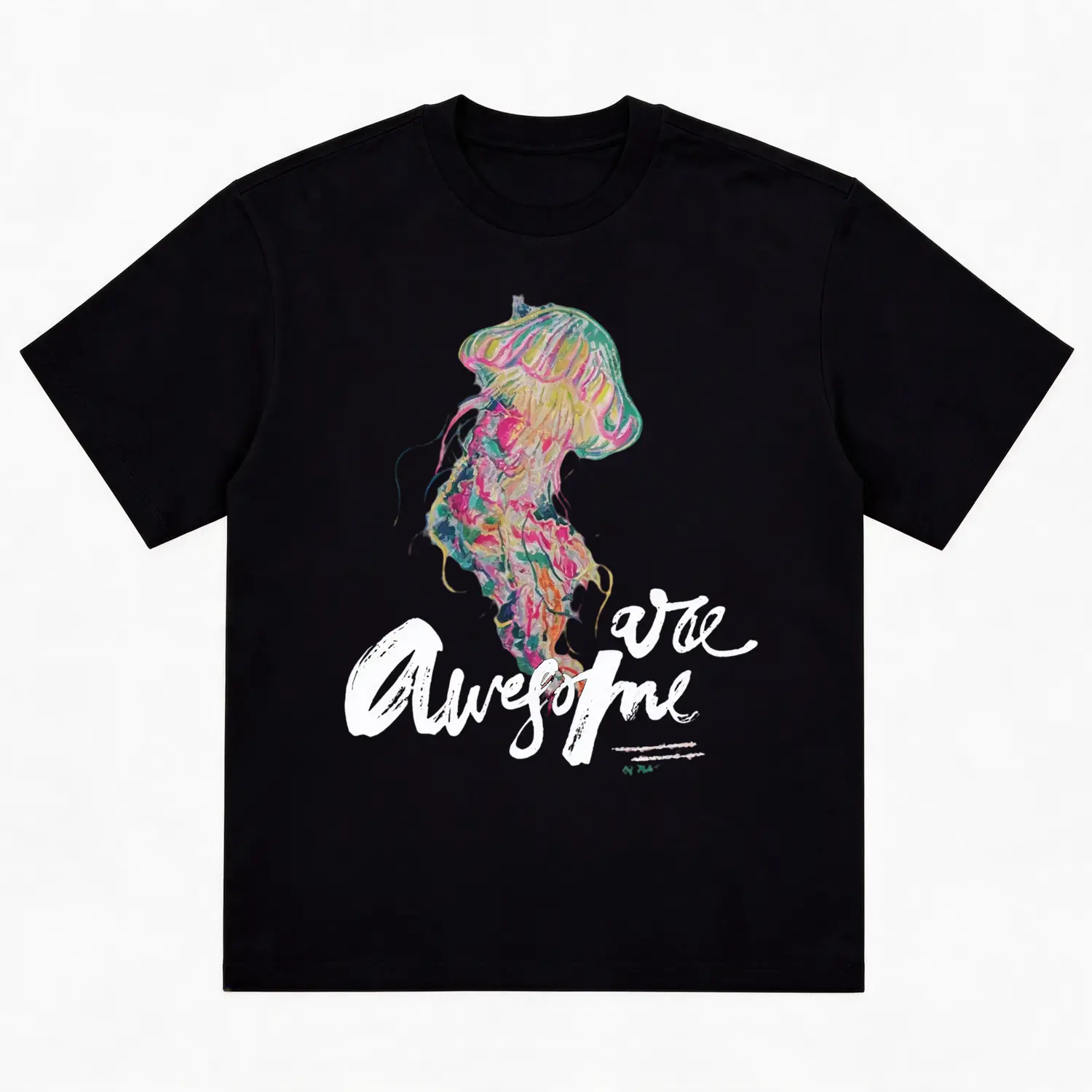 Artistic Watercolor Jellyfish Graphic T‑Shirt, Vibrant Multicolor Jellyfish With Brush Script Quote Front Print, Soft Cotton Breathable Loose Fit Crew Neck White Tee, Summer Beach Vacation Aesthetic Top, Casual Outfit For Men Women Teen