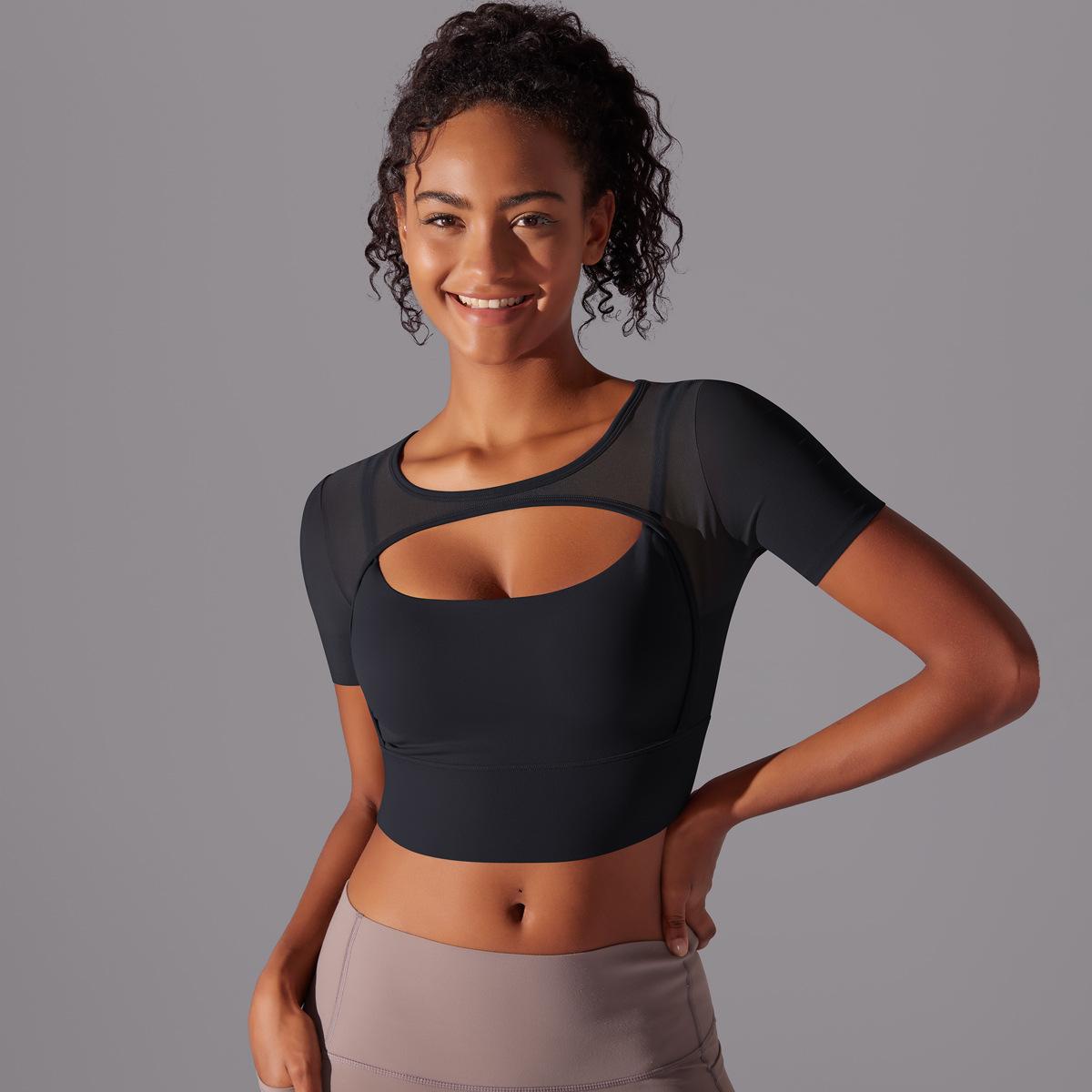Classic Solid Color Mesh Stitching Double-Layer Short Sleeve Racerback Bra Top Women - Running, Fitness, Yoga Workout Top1123