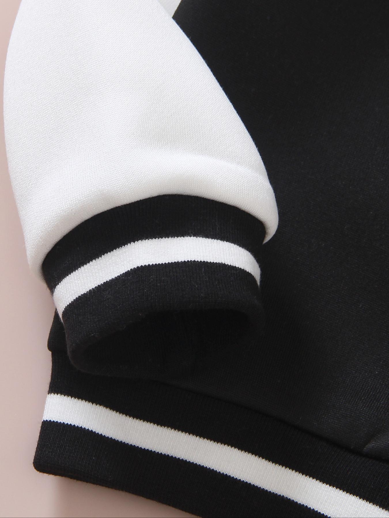 Girls' Spring & Fall Fashion Kpop Series Print Fleece Lined Jacket, Cute Letter Pattern Baseball Coat, Casual Preppy Style Outerwear, Casual Comfy Jacket