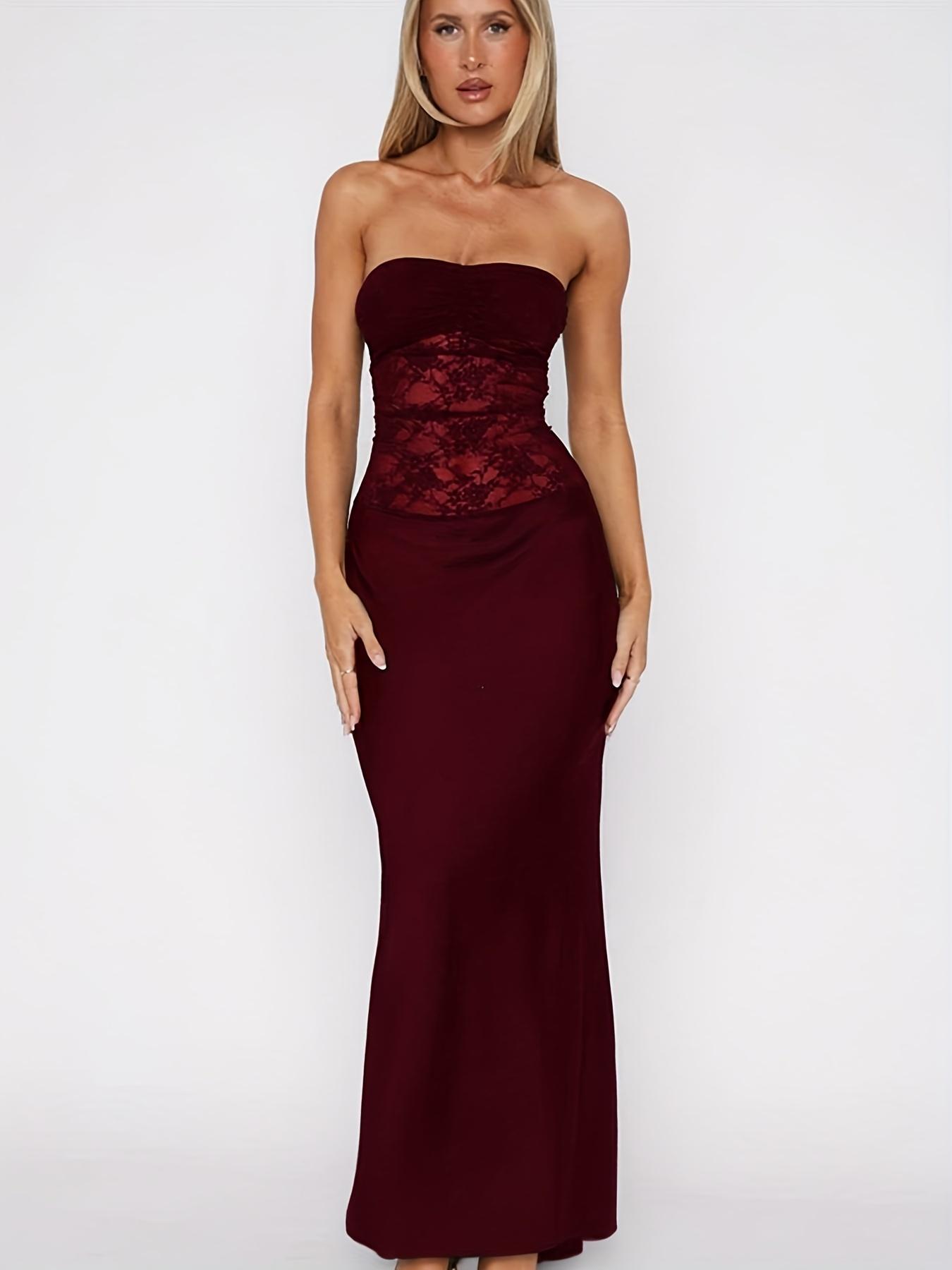 Women's Plain Contrast Lace  Tube Dress, Elegant Strapless Evening Party Gown, Ladies Summer Clothes