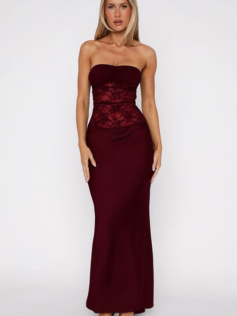 Women's Plain Contrast Lace  Tube Dress, Elegant Strapless Evening Party Gown, Ladies Summer Clothes