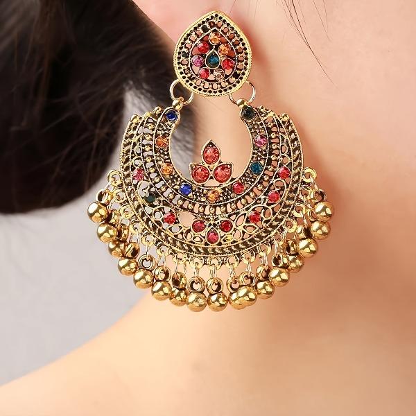 Women's Ethnic Bohemian Alloy Metal Drop Earrings - 1 Pair, Geometric Bell Motif, Colored Fringed Tassels, Exaggerated Size, Female Fit, Suitable for Casual Wear, Ramadan Parties (Random Color)
