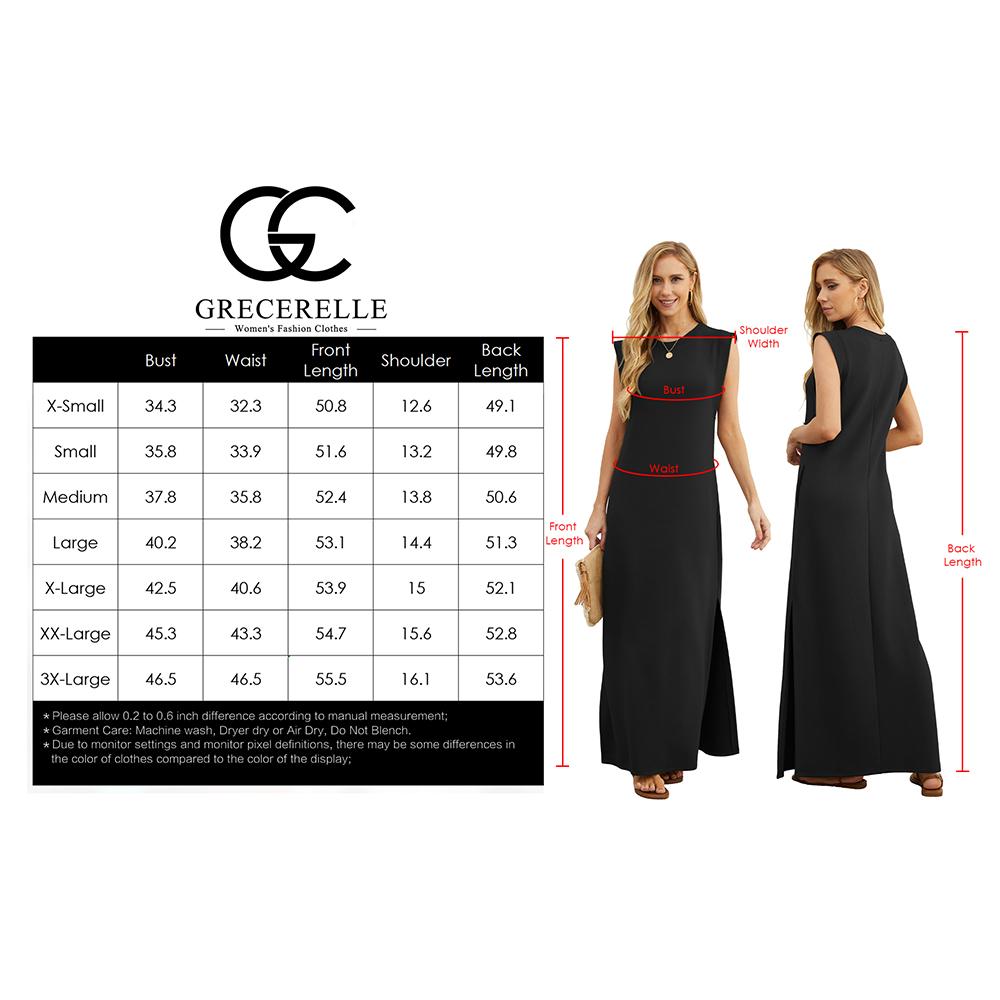 GRECERELLE 2026 Women Summer Round Neck Casual Loose Split Wrinkle-Free Long Maxi Vacation Dress with Pockets