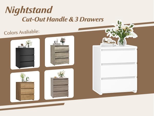 FOTOSOK Nightstand Set of 2, White Nightstand with 3 Drawers, White Bedside Table 3 Drawer Nightstand, 2 Pcs