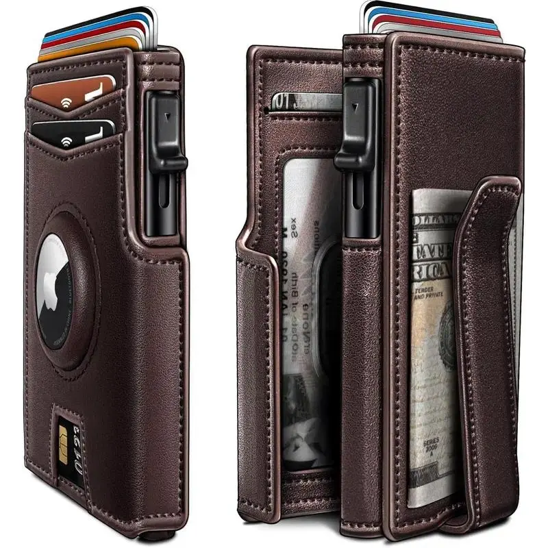 Miyozi Men's Slim Metal Wallet with AirTag Holder, Magnetic Pop-Up Credit Card Case, RFID-Blocking Front Pocket Wallet with Money Clip, 10-Card Capacity, Lightweight Everyday Carry, Gift for Him