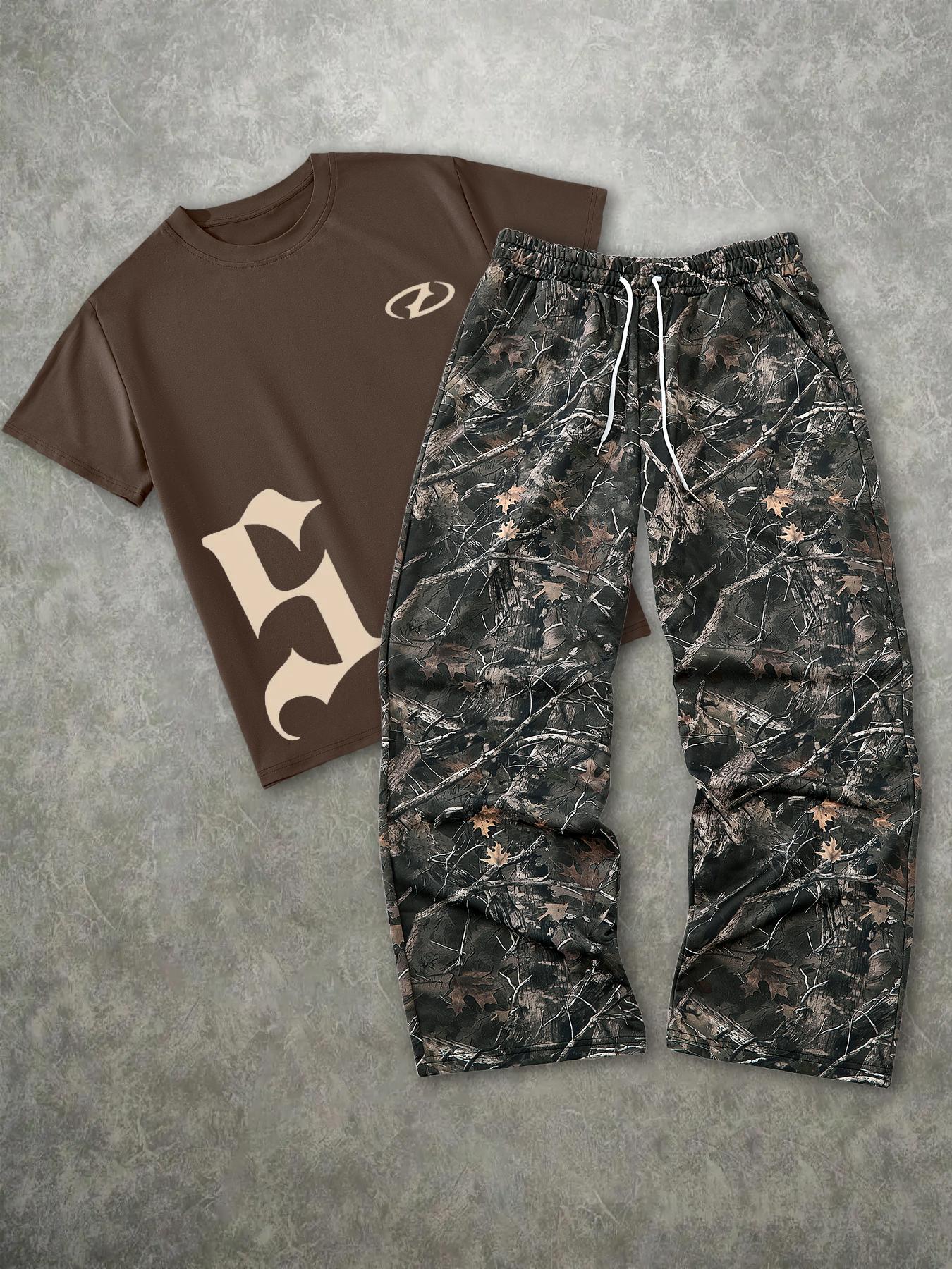 Men's Fashion Street Vintage Camo 2-Piece Set, Letter Print Short Sleeve T-Shirt & Leaf Camo Wide Leg Pants, Outdoor Adventure/street Style