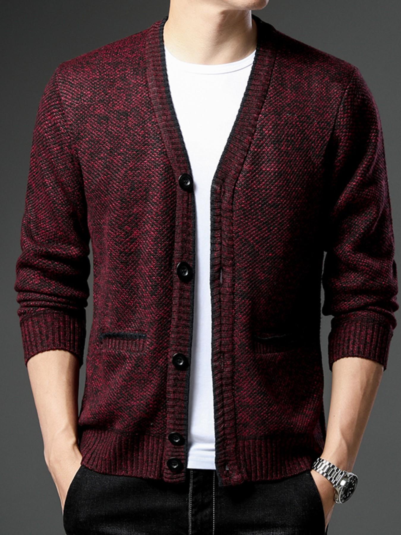 Knit Cardigan, Long Sleeve, Thickened Mixed Fabric, V-Neck Single Button Design, Pocket Detail, Fall & Winter Wear, Comfortable Daily, Casual, Knitwear