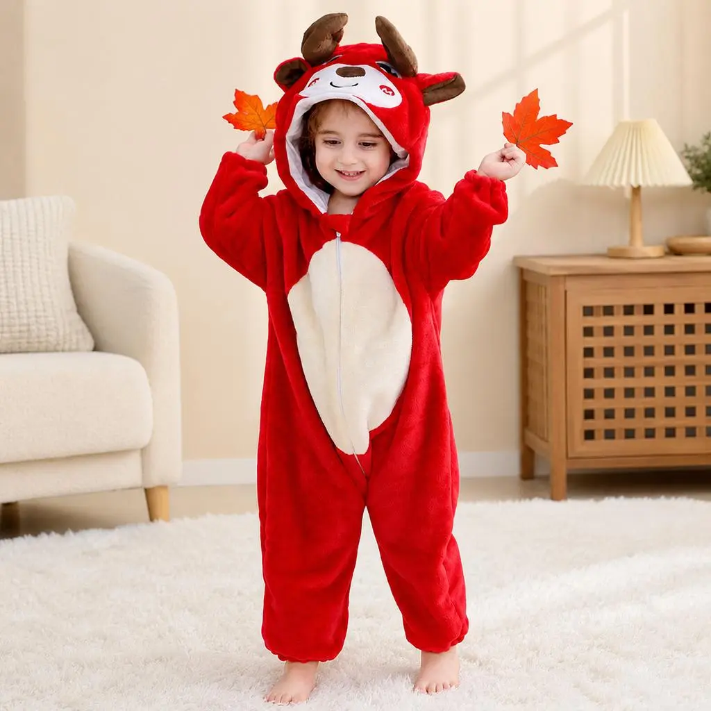 Kids Flannel Animal Onesie Pajamas Toddler Hooded Plush Bodysuit Costume Reindeer White Rainbow Unicorn Full Zip One Piece Sleepwear Halloween Christmas Cosplay Party Outfitfor Boys Girls