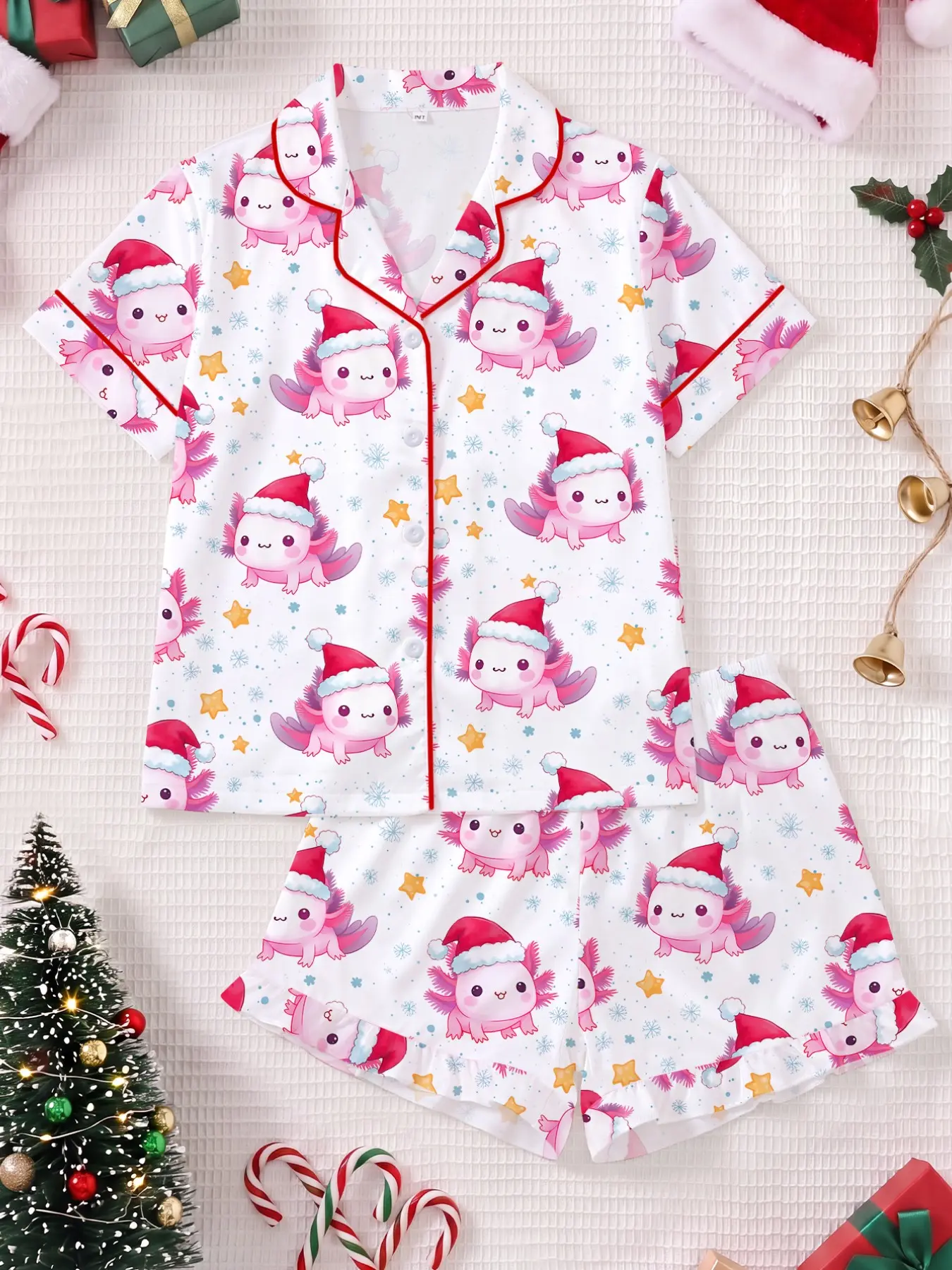New Christmas Cartoon Print Kids Pajama Set, Short Sleeve Shirt and Loose Fit Pants, Breathable Casual for Holiday Parties