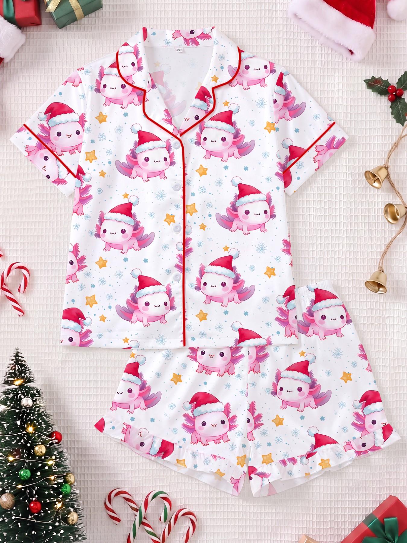 New Christmas Cartoon Print Kids Pajama Set, Short Sleeve Shirt and Loose Fit Pants, Breathable Casual for Holiday Parties