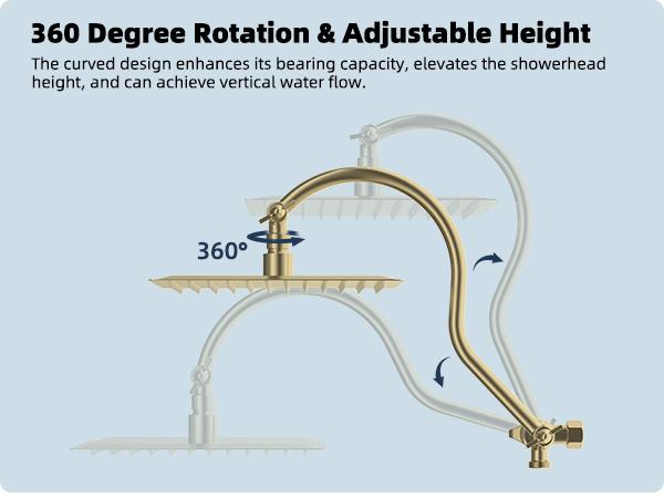Hibbent All Metal CUPC Certified Shower Head, 10'' High Pressure Rainfall Shower Head/Handheld Showerhead Combo with 12'' Adjustable Curved Shower Extension Arm, 10-Spray, 71'' Hose, Showerhead Holder, Brushed Gold
