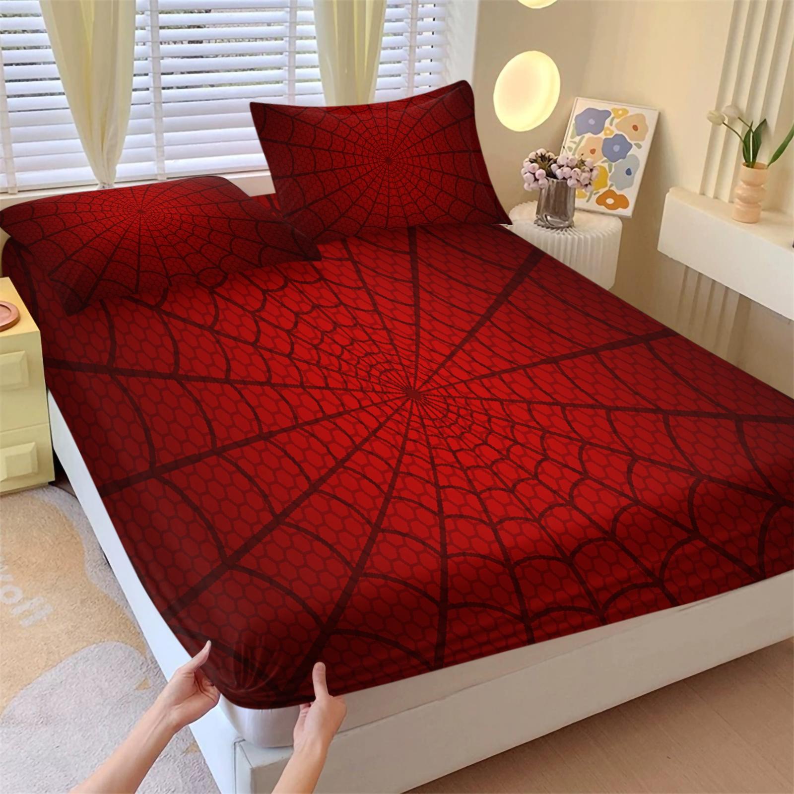 Creative Spider-Man Web Pattern Bed Sheet Set, Unique Printed Bedding, Anti-Slip Dustproof Cover, Dust Prevention, Includes 1 Fitted Sheet & 2 Pillowcases
