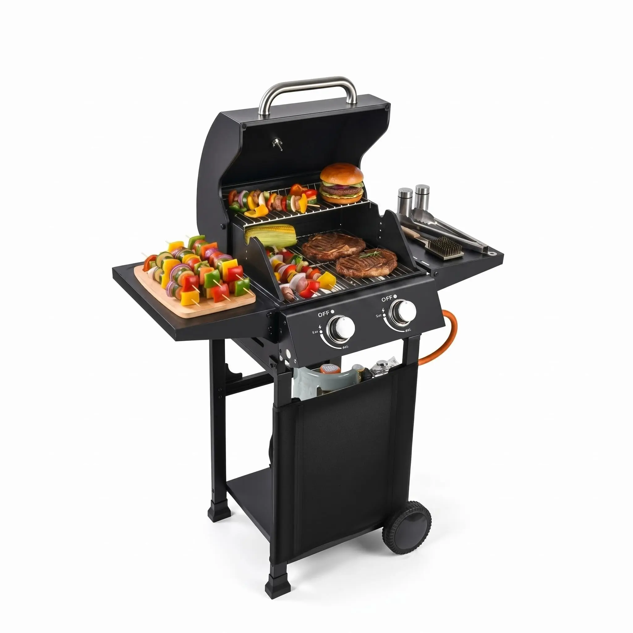 Garvee 16,000 BTU 2 Burner Portable Stainless Steel Gas Grill with Cover, Wheels, and Side Shelves - Ideal for Patio, Balcony, and Camping Use