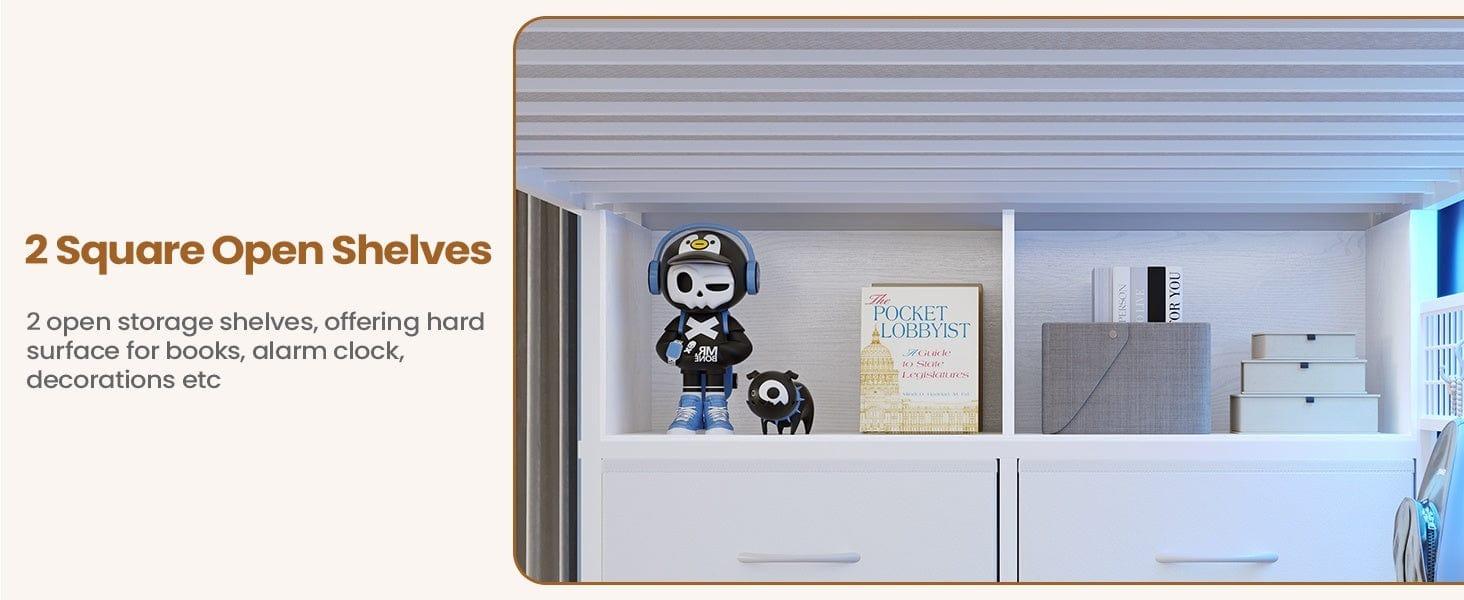 Sikaic Twin Size Loft Bed with Desk and 8 Storage Drawers Metal Loft Bed with LED Lights & Charging Sation, Storage Shelves, 13.1" H Safety Guard & Ladder Bedroom Bedframe Bedroom Furniture