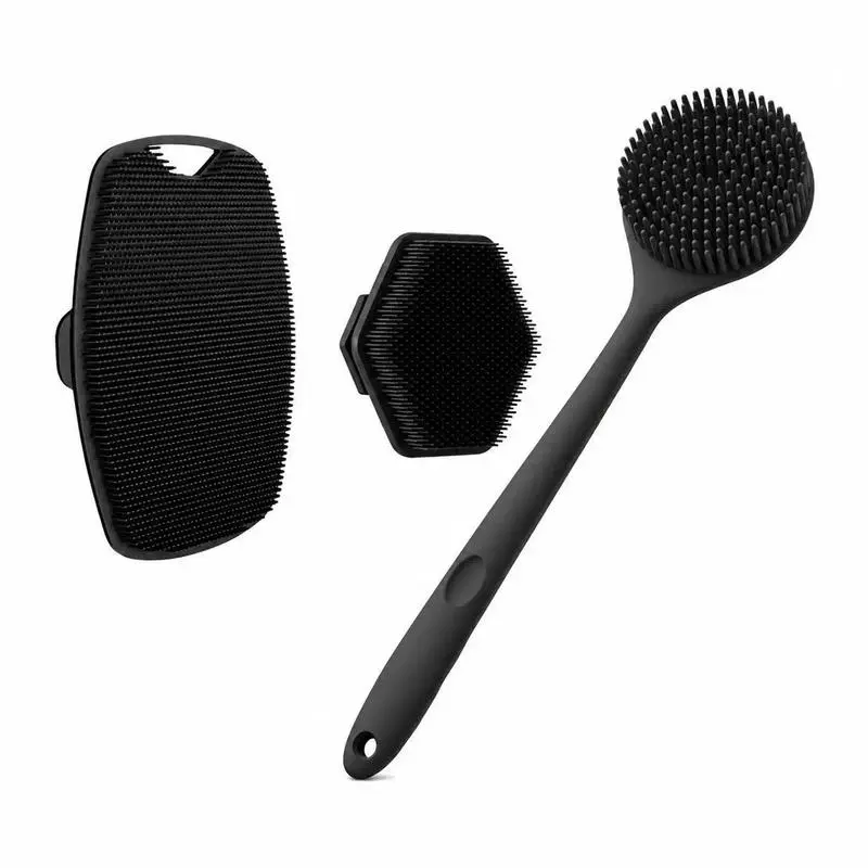 3-Piece Silicone Bath Cleaning Accessories Set - Long Handle Shower Body Scrubber, Face Cleansing Brush, Scalp Brush for Adult Personal Beauty Use