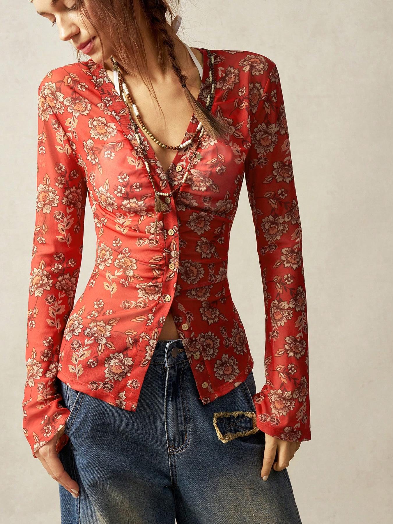 Boho Vintage V-Neck Flared Sleeve Blouse For Women Bohemian Style Vacation, Simple Fashion Casual Everyday Wear Boho Tops