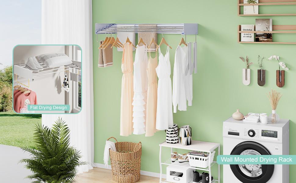 Wall Mounted Laundry Rack, Collapsible Clothes & Drying Rack for Indoor &, 60 lb Capacity, 31.5' Wide, 13.5 Ft, White