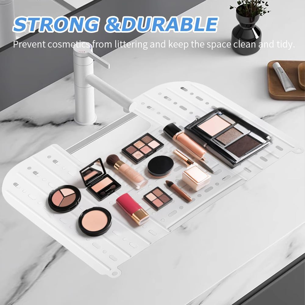 Bathroom Sink Cover & Storage Pouch,22" to 9.84" * 16.73" Foldable Sink-Cover for Counter Space, Makeup Brush Cleaning Mat,RV Camper Sinks Cover & for Small Spaces(White)