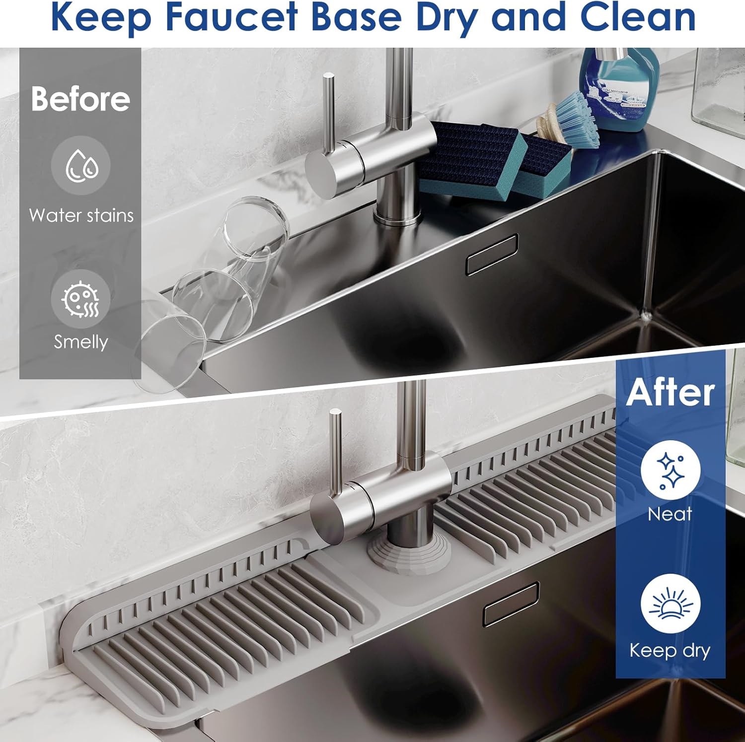 24 Inch Silicone Faucet Mat For Kitchen Sink, 5° Slope Fast Self-Draining Splash Guard, Longer Non-Slip Sink Protector, Easy Clean Kitchen Accessories, Home Organization & Countertop Protector