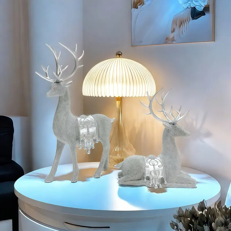 Product Introduction of Artistic Deer Statues Set of 2, Silver Color Glitter Details, Chip Carving Sculptures for Christmas Thanksgiving New Year Home Decor 7