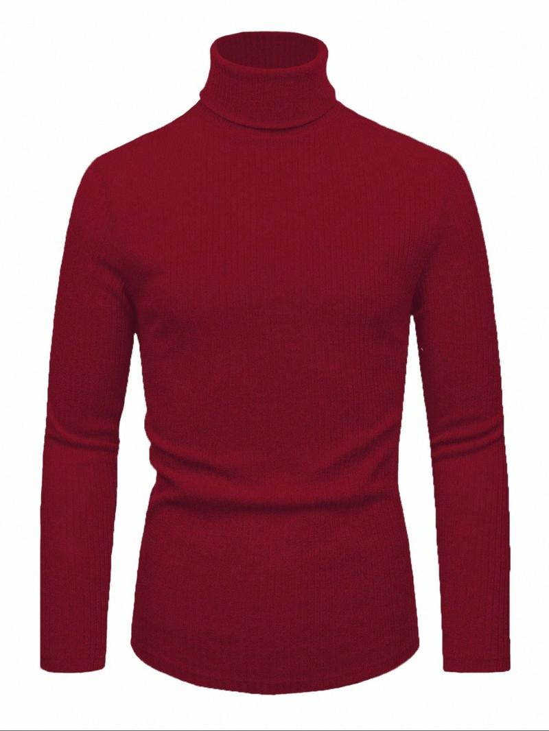 Men's High Neck Pullover Sweater, Solid Color Striped Long Sleeve T-Shirt, Casual Fitted Fit for Fall & Winter Seasons