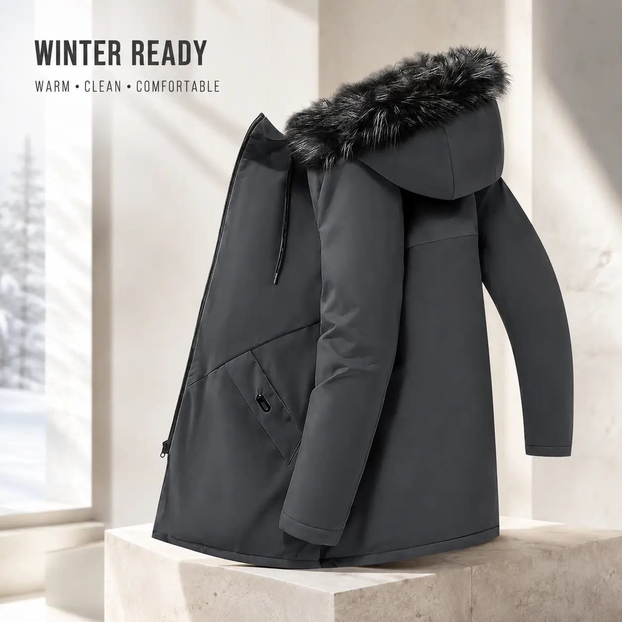 Men's Winter Parka Jacket With Faux Fur Hood, Warm Mid Length Hooded Outerwear