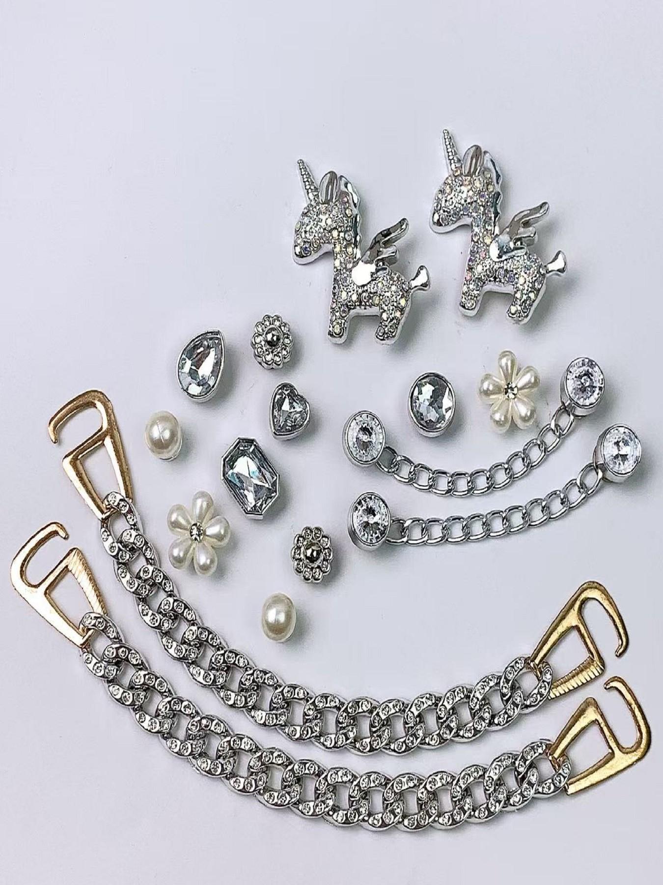 New 16pcs Hole Shoe Decoration Accessories Chain Small Horse Set Silver Color Rhinestone Chains, Detachable Hole Shoes Parts