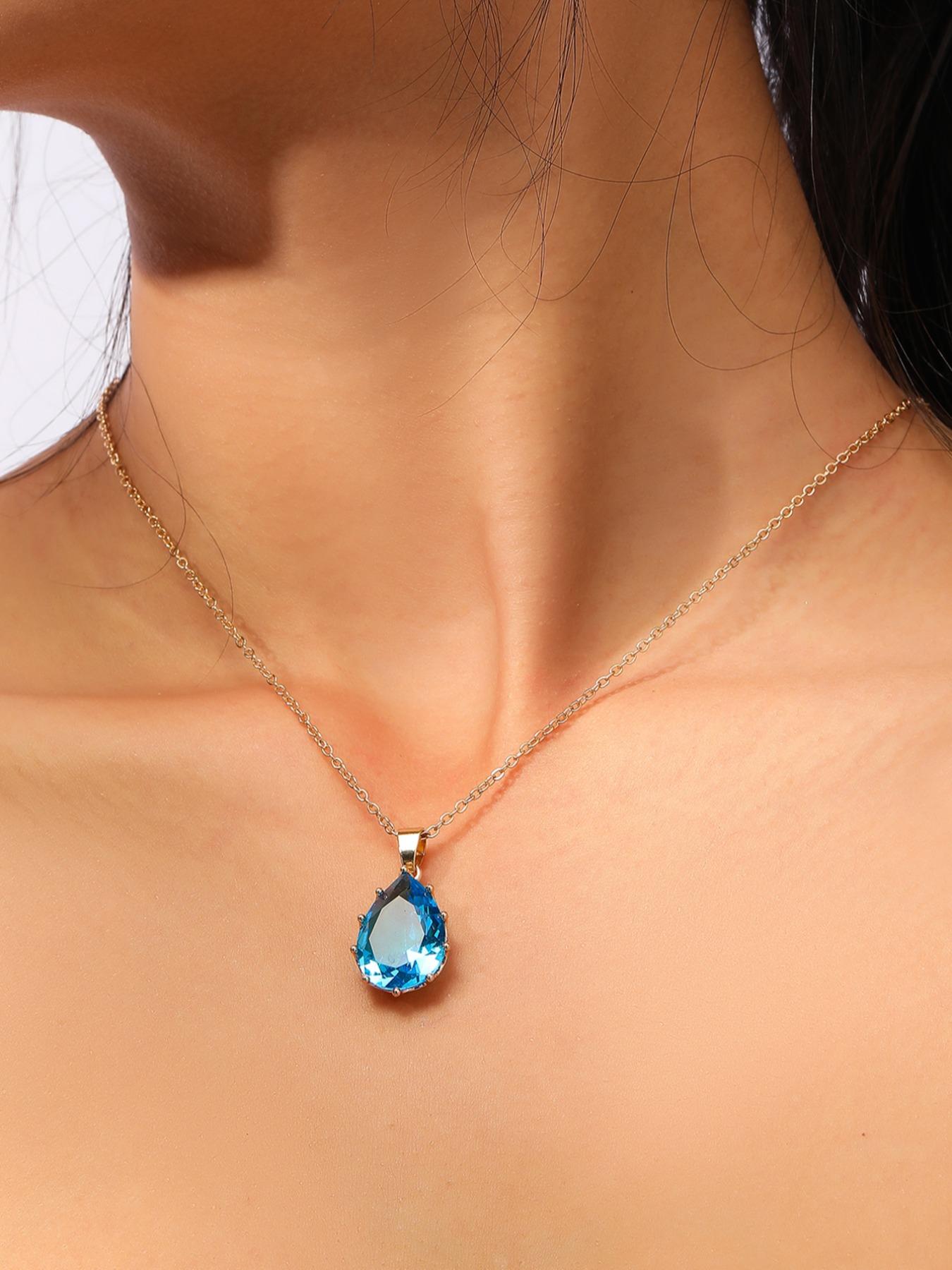 Simple Single Layer Transparent Gemstone Water Drop Crystal Zircon Pendant Necklace, Elegant Jewelry for Women, Perfect Gift Idea