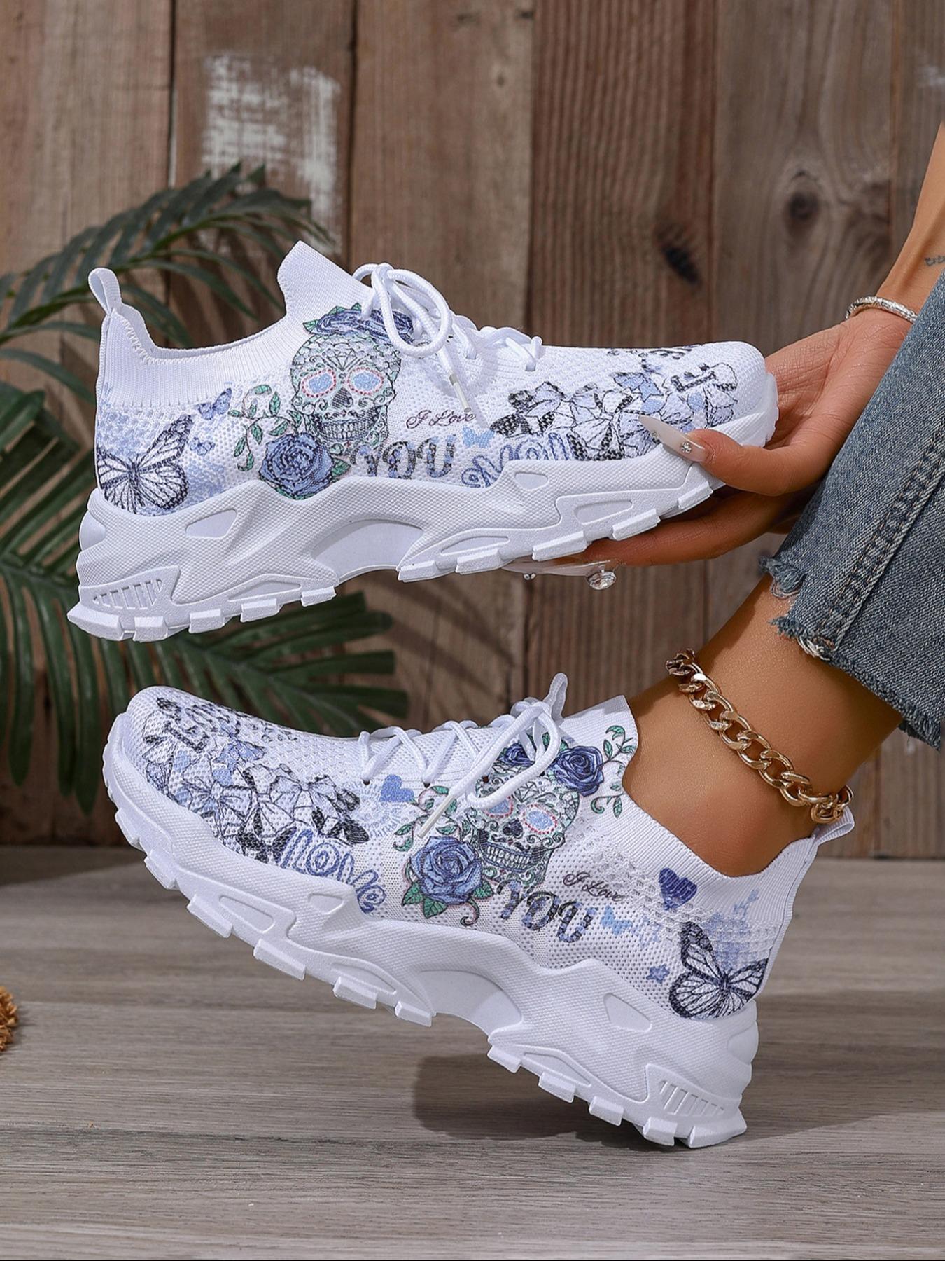 Women's Fashionable Floral Print Lace Up Low Top Sneakers, 2024 New Style Casual Comfortable Breathable Sports Running Shoes, All-match Basic Shoes for Daily Wear