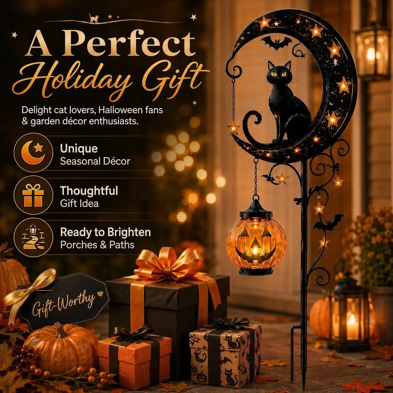 Solar-powered garden decorative outdoor waterproof light, Halloween black cat pumpkin moon ground light, bat motif, suitable for courtyard, garden, lawn decoration and Halloween decoration, 20.26million Halloween decorative light