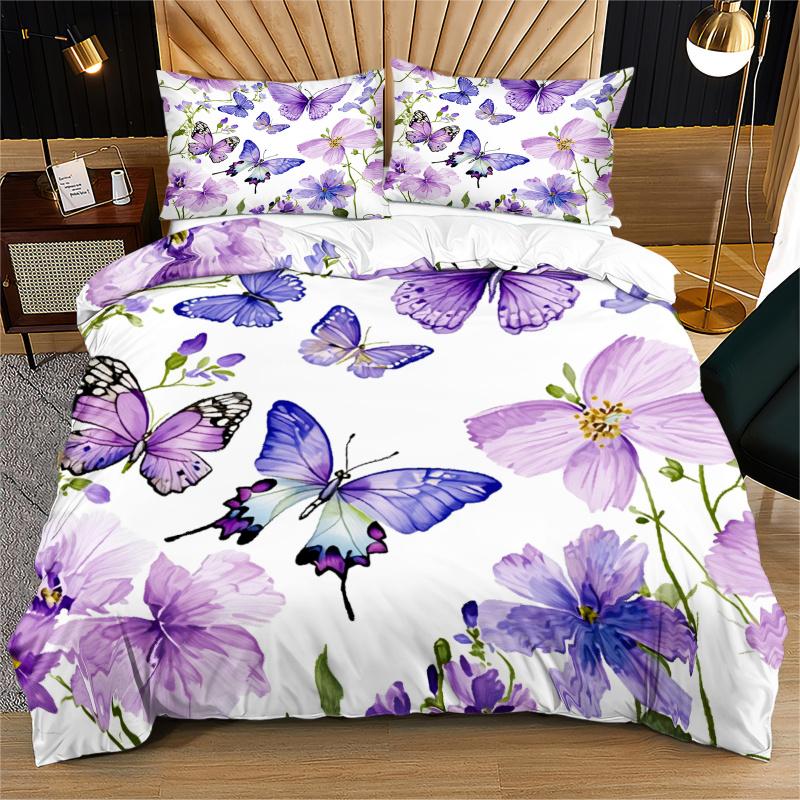 Printed butterfly pattern bed sheet set, soft microfiber bedding, double/full-size/queen size/plus size, anti shrink and anti fading, easy to maintain all season decoration