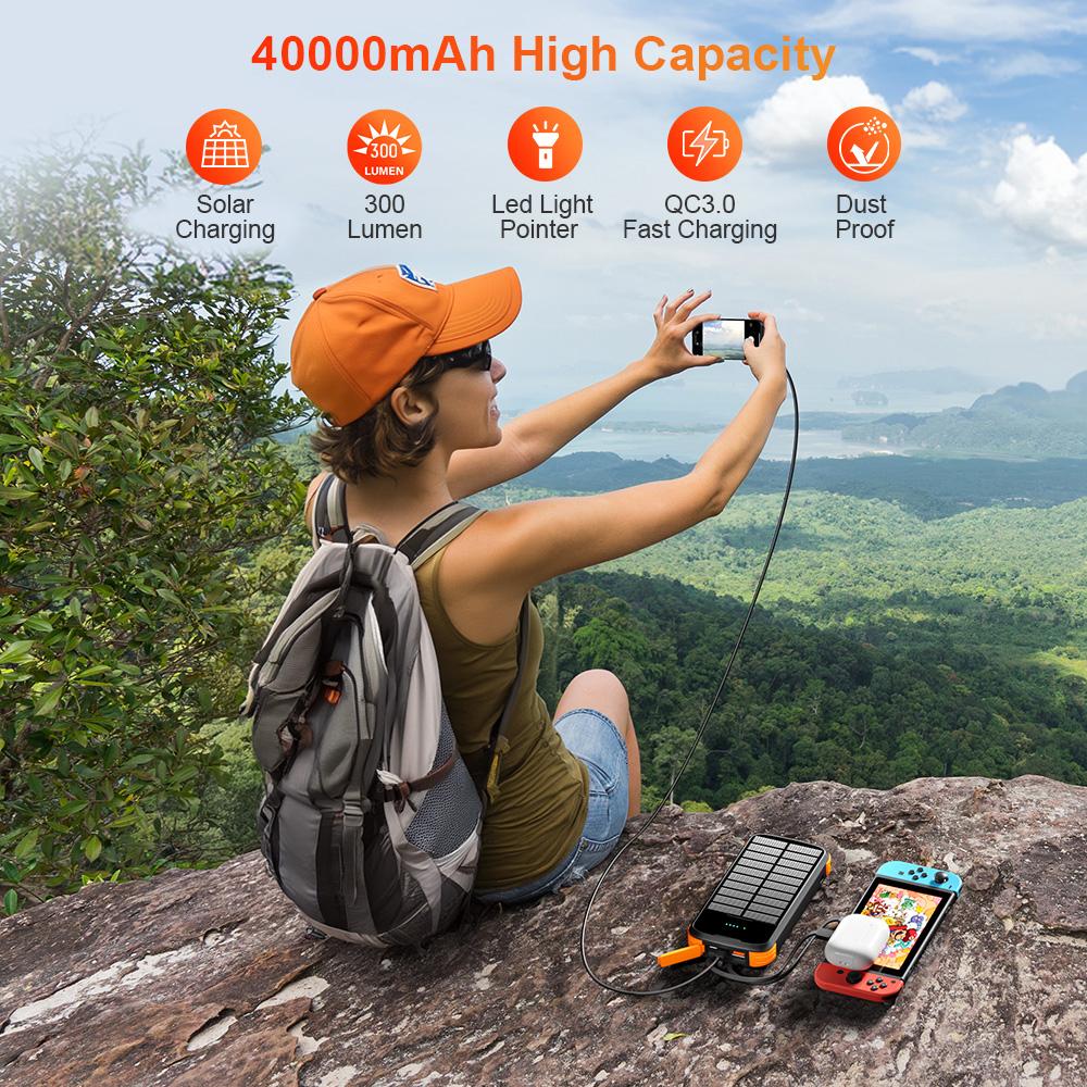 citicr 40000mah large-capacity solar power bank, equipped with 4 cable outputs, 5 QC3.0PD 20W fast charging channels, 2 lighting fixtures, and 1 solar panel for efficient charging. It is suitable for outdoor activities, fishing and camping