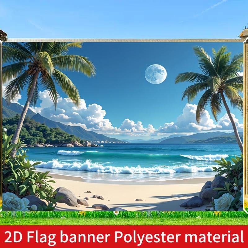 2D Flat Seaside Background Decoration Supplies, 1 PC Hawaiian Beach Scene Hanging Cloth - Tropical Party Banner with Palm Trees, Waves and Full Moon, Perfect Gift for Weddings, Birthdays, Anniversaries and All Seasons Home and Event Decoration, Hawaiian P