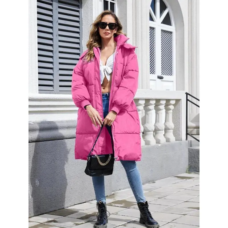 VVZ Women's Pink Button Front Full Zip Up Coat Trendy Warm Raglan Sleeve Outerwear for Daily Wear Puffer Jacket Hooded Coat Essential Winter Clothing Piece Style Tops Twist