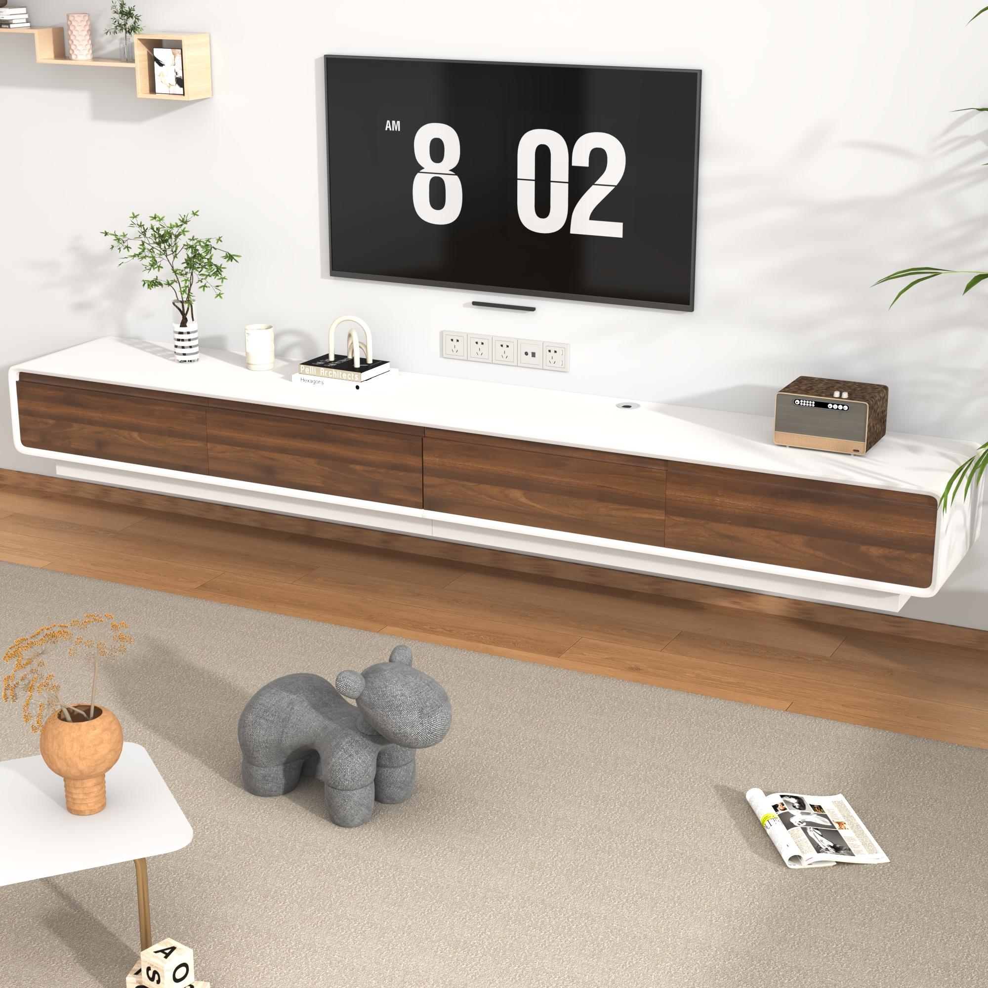 94.5" Minimalist Floating TV Stand for TVs up to 100 Inches, Modern Wall Mounted Media Console with 2 Drawers, Entertainment Center for Living Room, Black & Walnut/White & Walnut