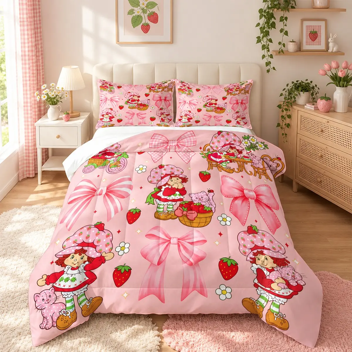 3-Piece Strawberry Sweetheart Cartoon Pink Bow-Print Quilted Bedding Set (includes 1 quilt and 2 pillow shams; pillow inserts not included); sweet cartoon style, soft and comfortable; suitable for bedrooms, dormitories, and hotels.