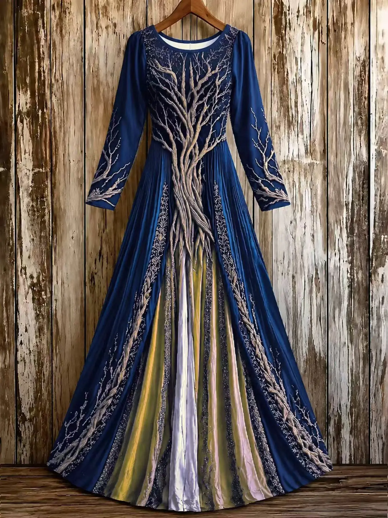 Women's Fashion Plus Size Elegant Round Neck Retro Viking Life Tree Celtic Knot Multicolor Print Art, Loose Knit Versatile Long Sleeve Dress