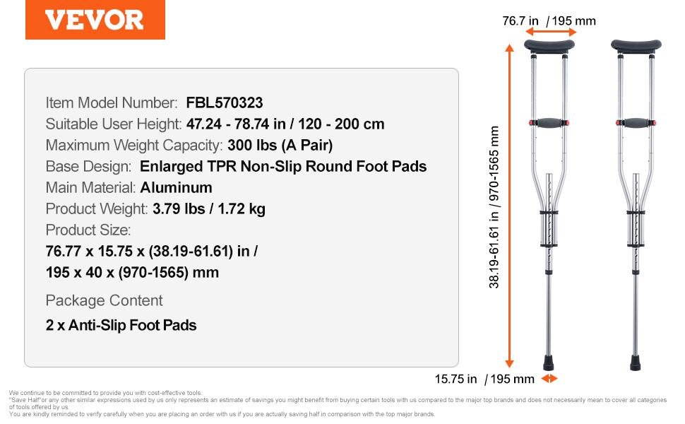 VEVOR Underarm Crutches, 13-Level Height Adjustable Underarm Walking Crutches, Lightweight Aluminum Crutches for Adults Teenager - with Soft Underarm Pad for Leg Injury Surgery Disabled, 1 Pair 300LBS