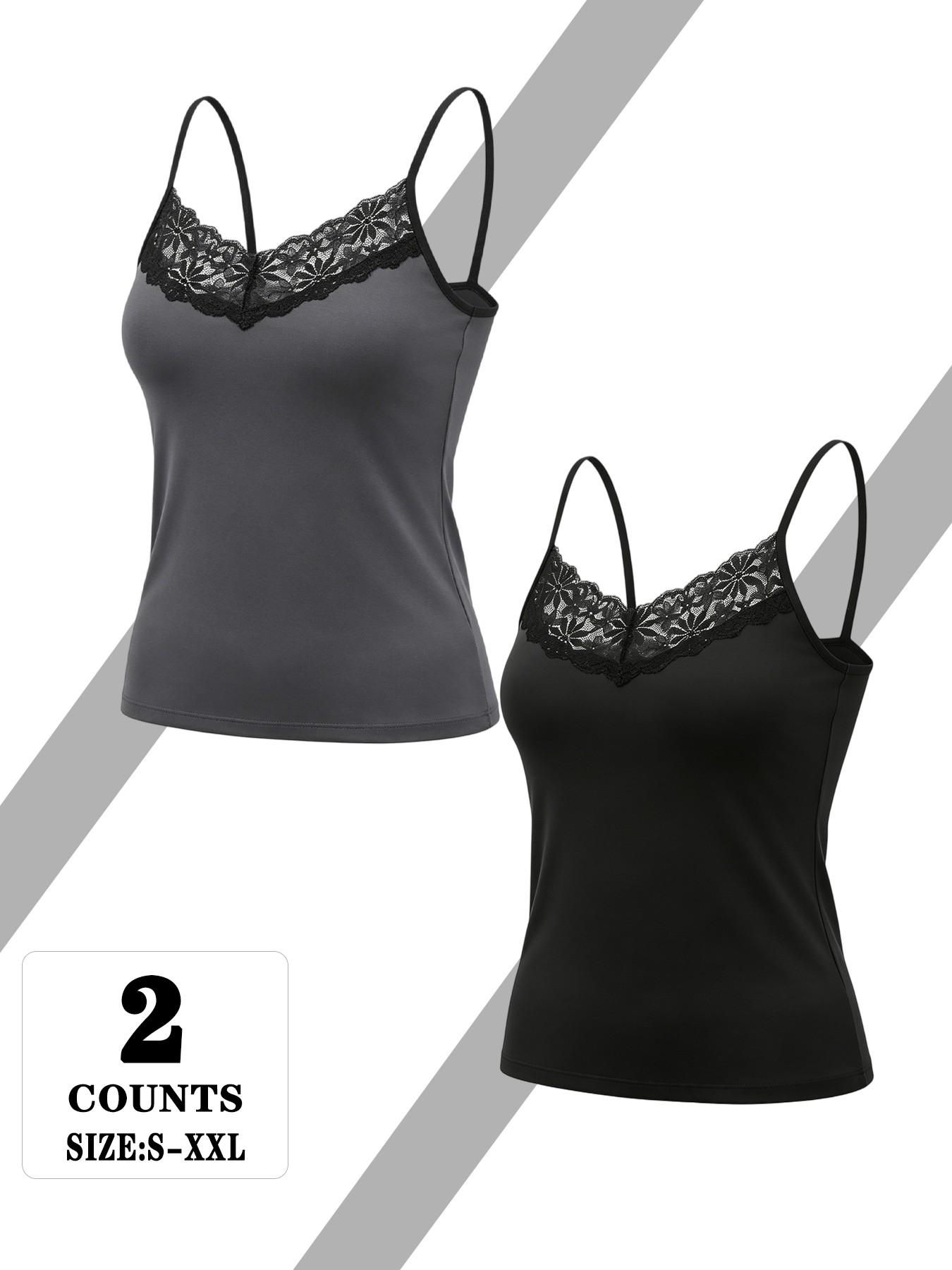 2-PCS Lace V-Neck Spaghetti Strap Camisoles, Soft Smooth Fabric, Slimming Waist Design, Elegant Chic Style, All Seasons Wear, Non-Full Placket, No Button, Tops, Camisole Tank Tops