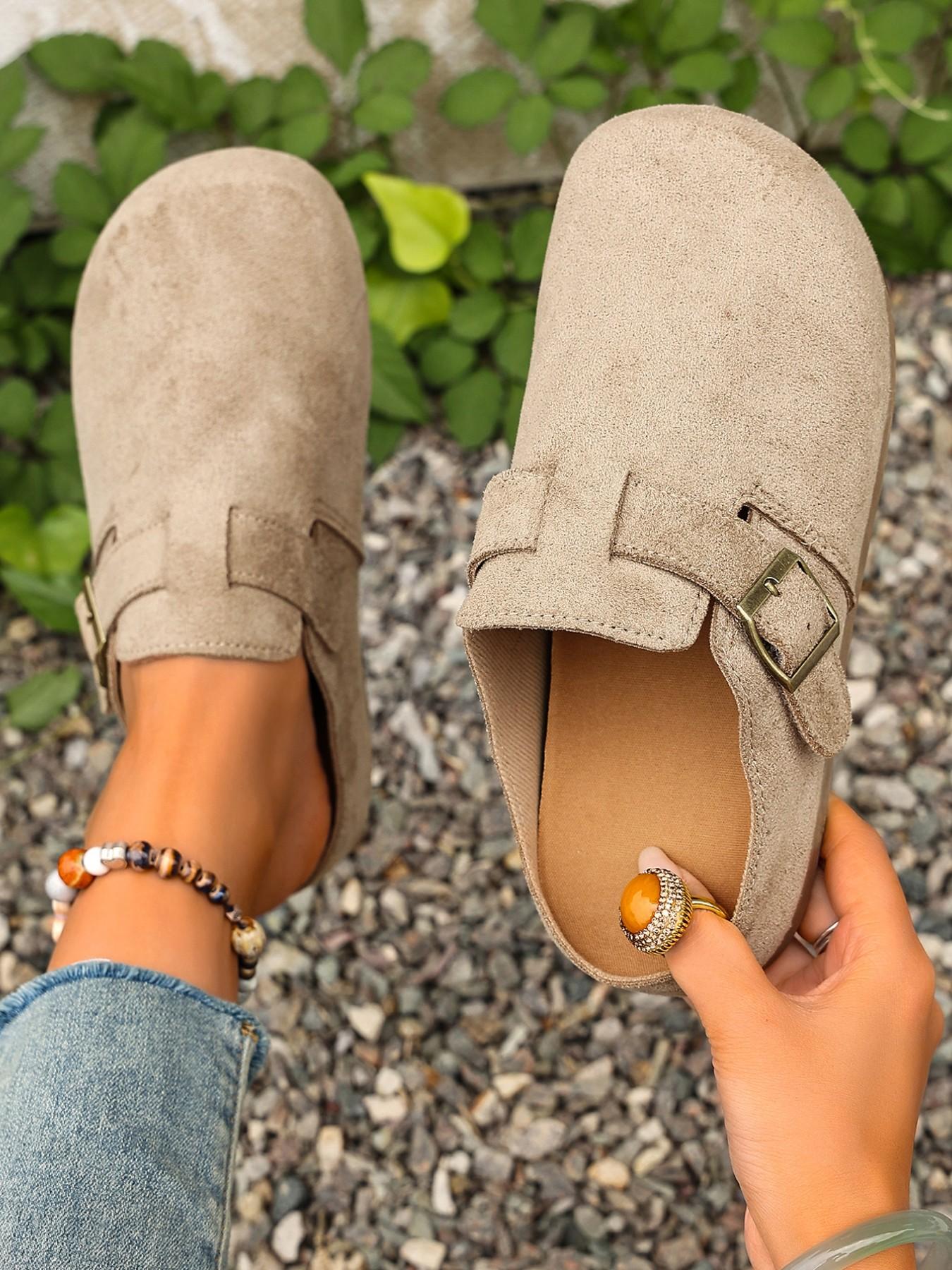 Women's 2026 Spring Summer New Velvet Slip-On Shoes, Wide Fit Comfortable Casual Flat Thick Soled Mules, Adjustable Antique Brass Buckle, Non-Slip Thick Sole