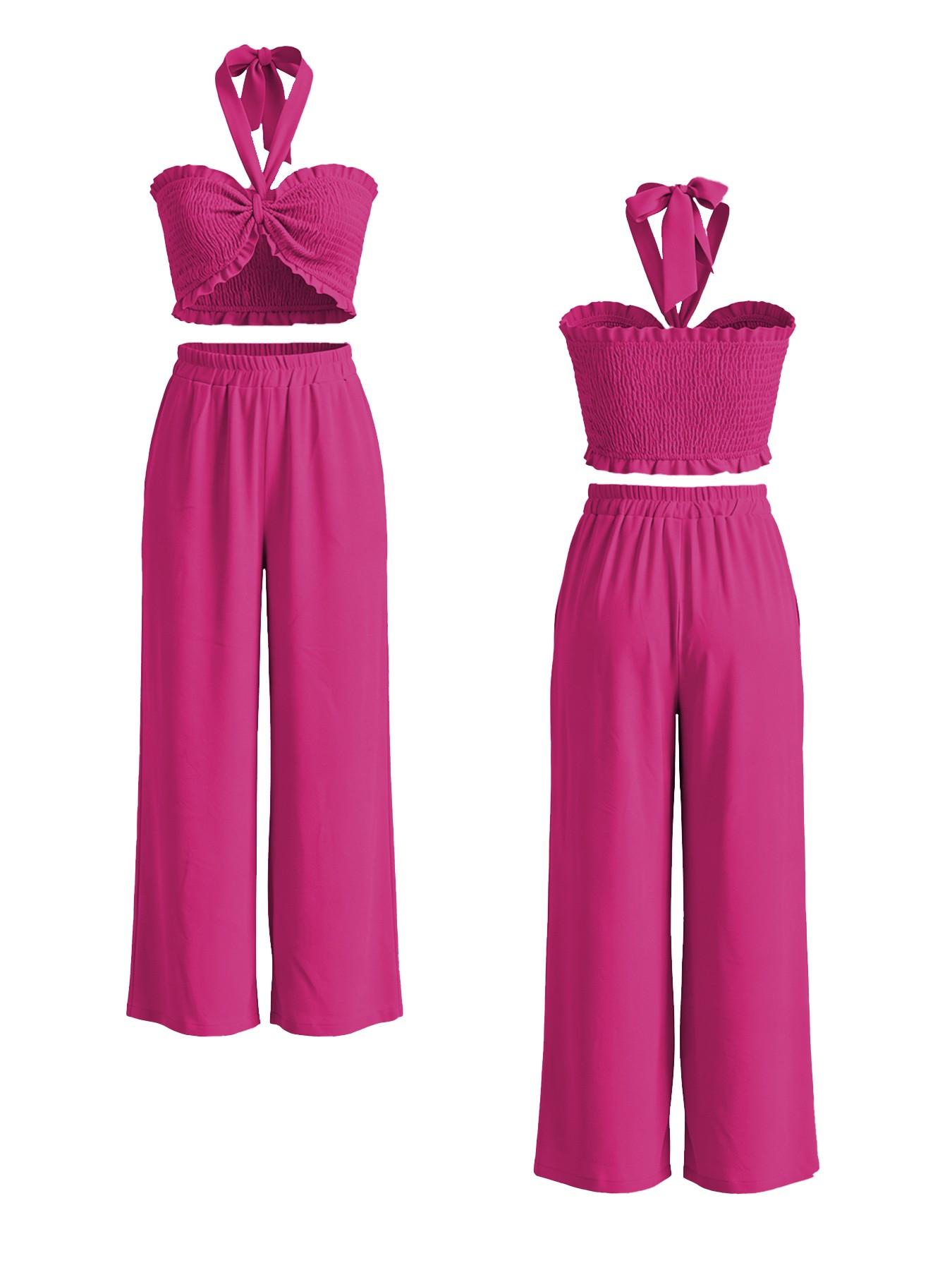 Women's 2-Piece Vacation Set, Fit, Strapless Top with Tie-Up Design, High-Waisted Wide-Leg Pants, Perfect for Beach Parties, Womenswear Women's 2-Piece Vacation Set, Fit, Strapless Top with Tie-Up Design, High-Waisted Wide-Leg Pants, Perfect for Beach Parties, Womenswear