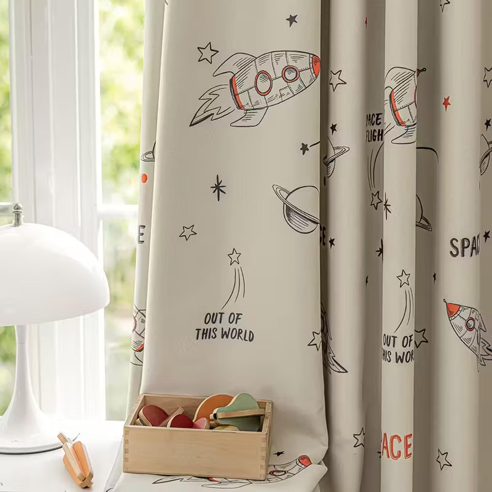 1pc Healing Space Cartoon Kids Curtain, Rocket Star Print, High Light Block, Cozy Atmosphere for Boy's Room Bedroom, Single Piece