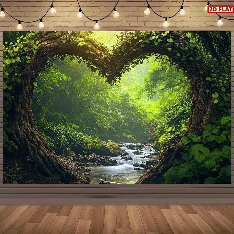 2D Flat Banner, 1pc heart-shaped tree frame Backdrop with serene stream & lush greenery - durable Polyester Wedding & Party background Banner for romantic events, birthdays, photo shoots - no electricity needed Wall Decor Banner